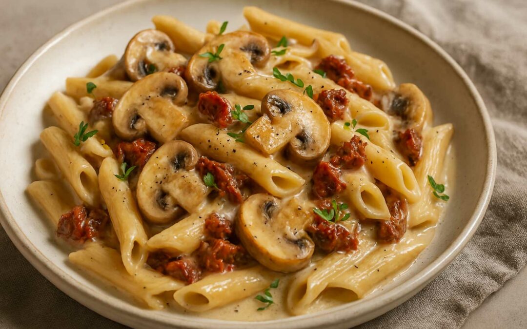 Cremige Pasta mit Pilzen und getrockneten Tomaten