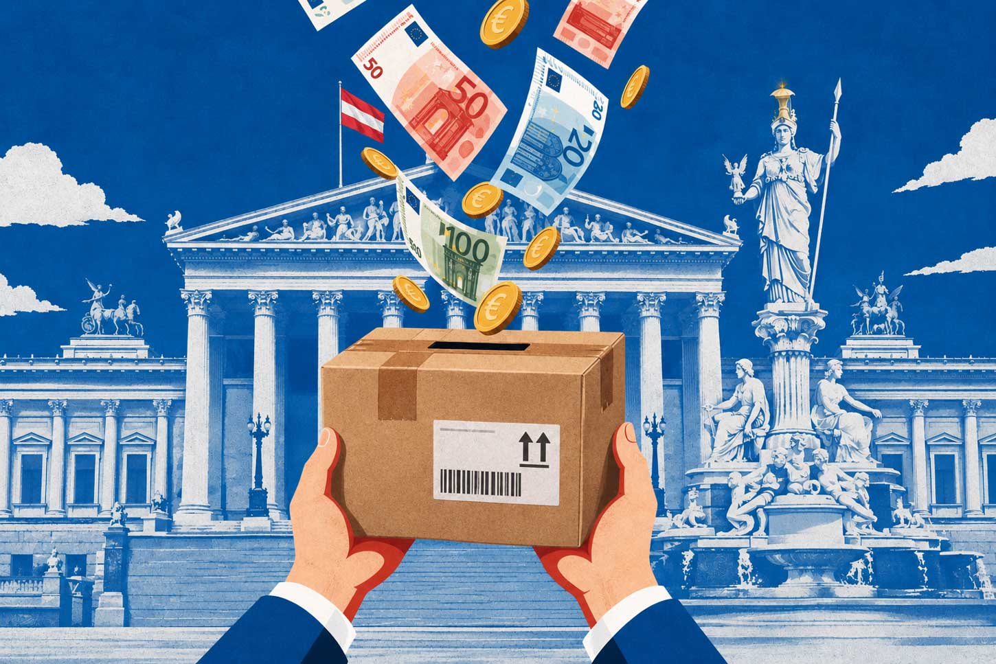 Zwei Hände halten ein Paket mit Münzschlitz, in das Euroscheine und Münzen fallen, vor dem österreichischen Parlament in Wien. Illustration.